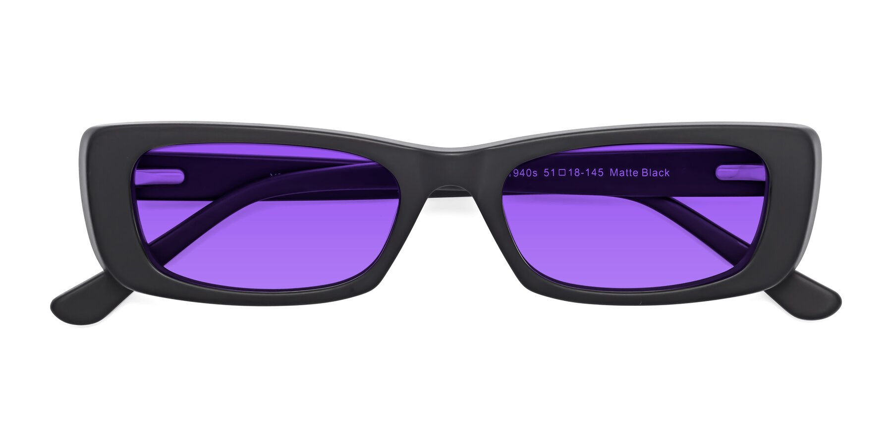 Folded Front of 1940s in Matte Black with Purple Tinted Lenses