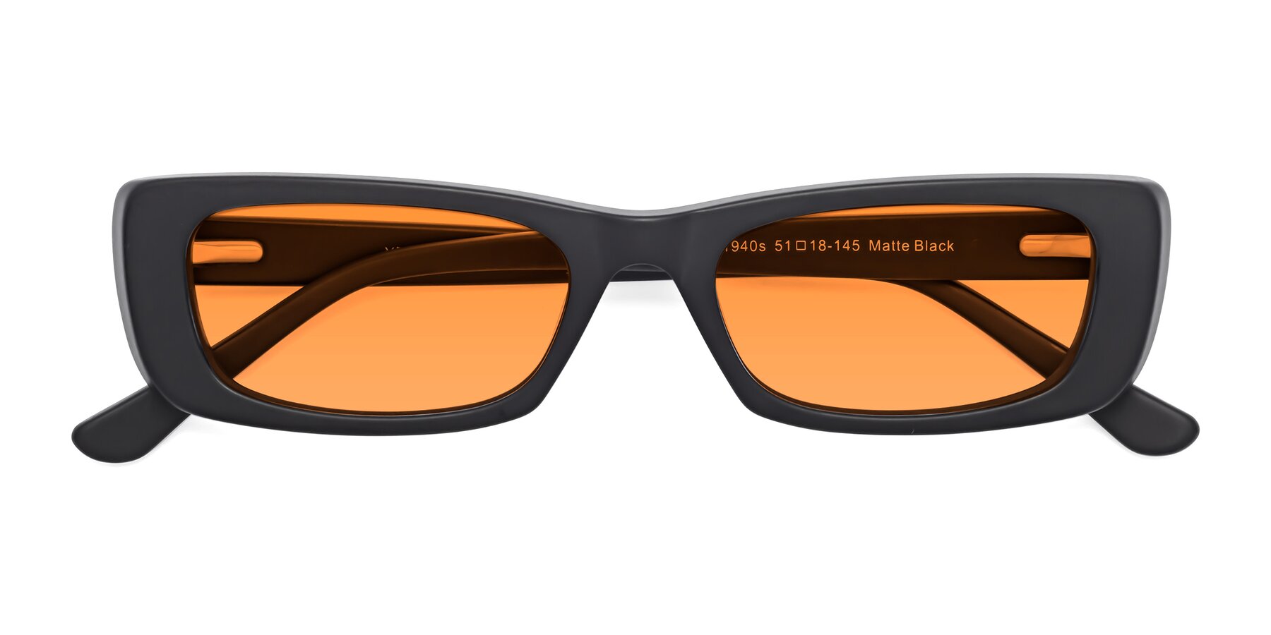Folded Front of 1940s in Matte Black with Orange Tinted Lenses