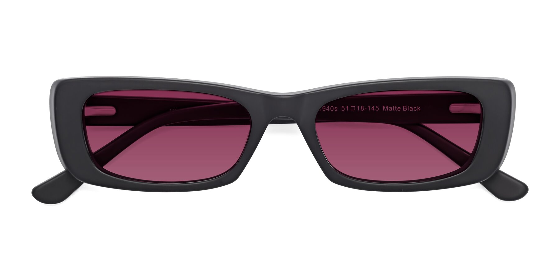 Folded Front of 1940s in Matte Black with Wine Tinted Lenses