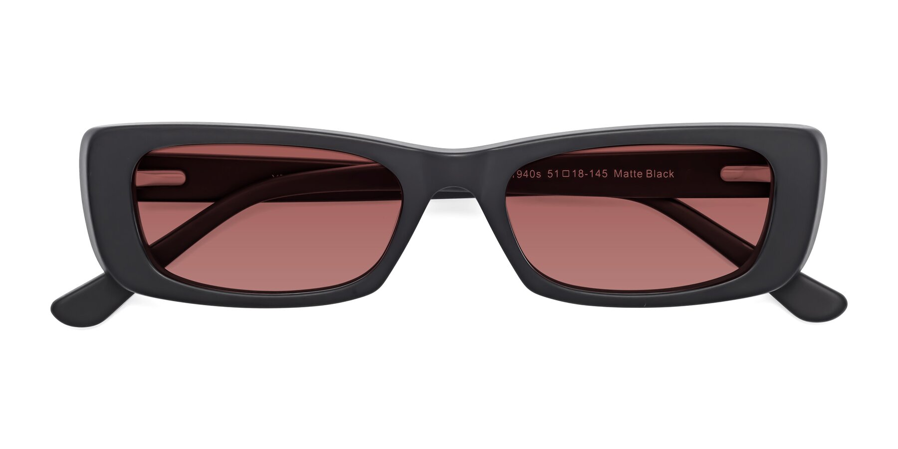 Folded Front of 1940s in Matte Black with Garnet Tinted Lenses