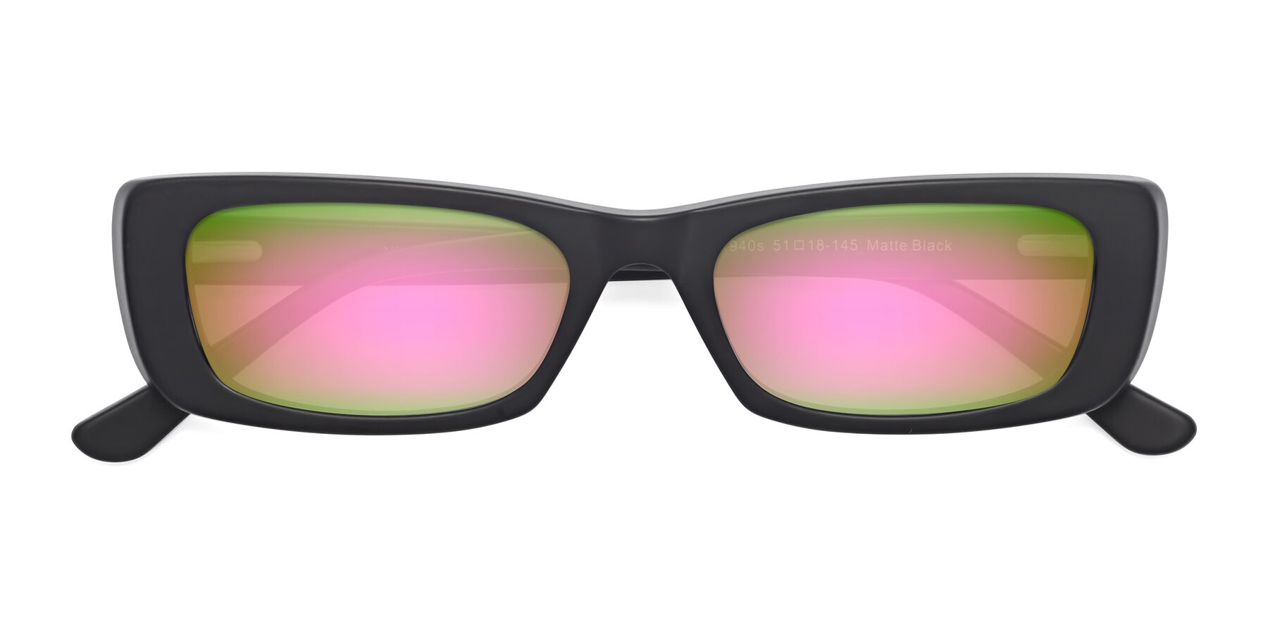 Folded Front of 1940s in Matte Black with Pink Mirrored Lenses