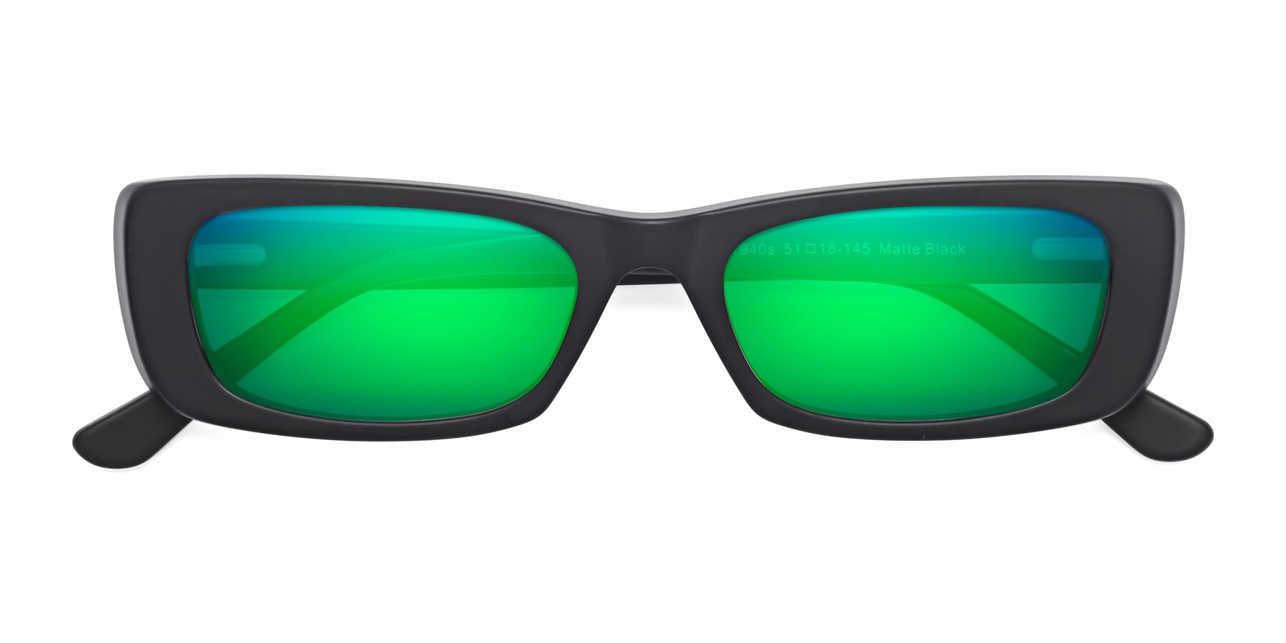 Folded Front of 1940s in Matte Black with Green Mirrored Lenses