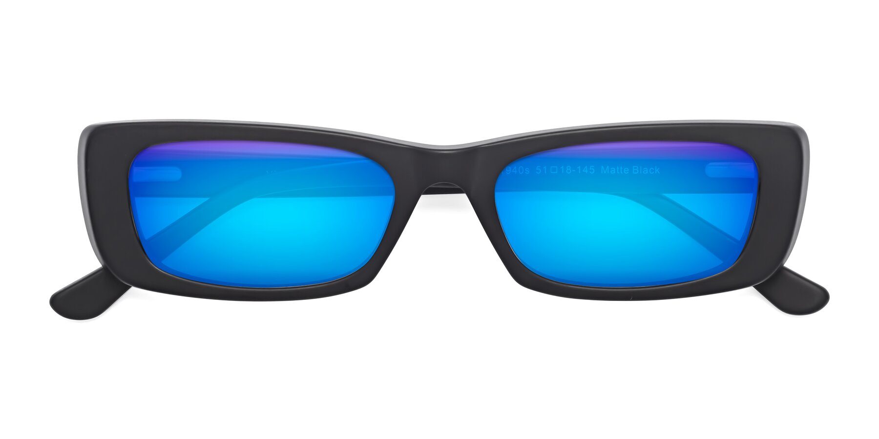 Folded Front of 1940s in Matte Black with Blue Mirrored Lenses