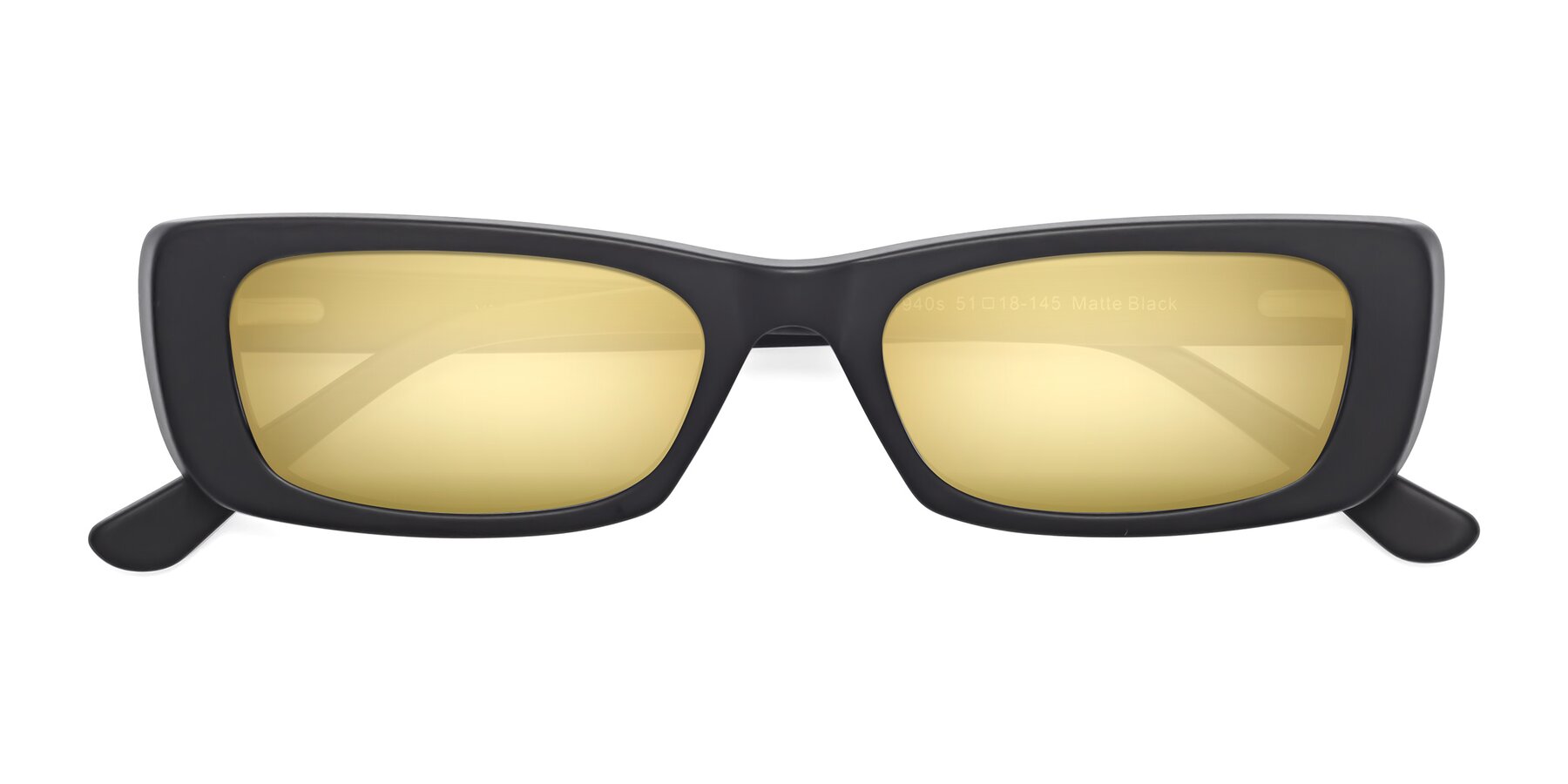 Folded Front of 1940s in Matte Black with Gold Mirrored Lenses