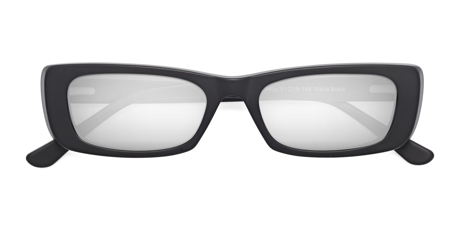 Folded Front of 1940s in Matte Black with Silver Mirrored Lenses