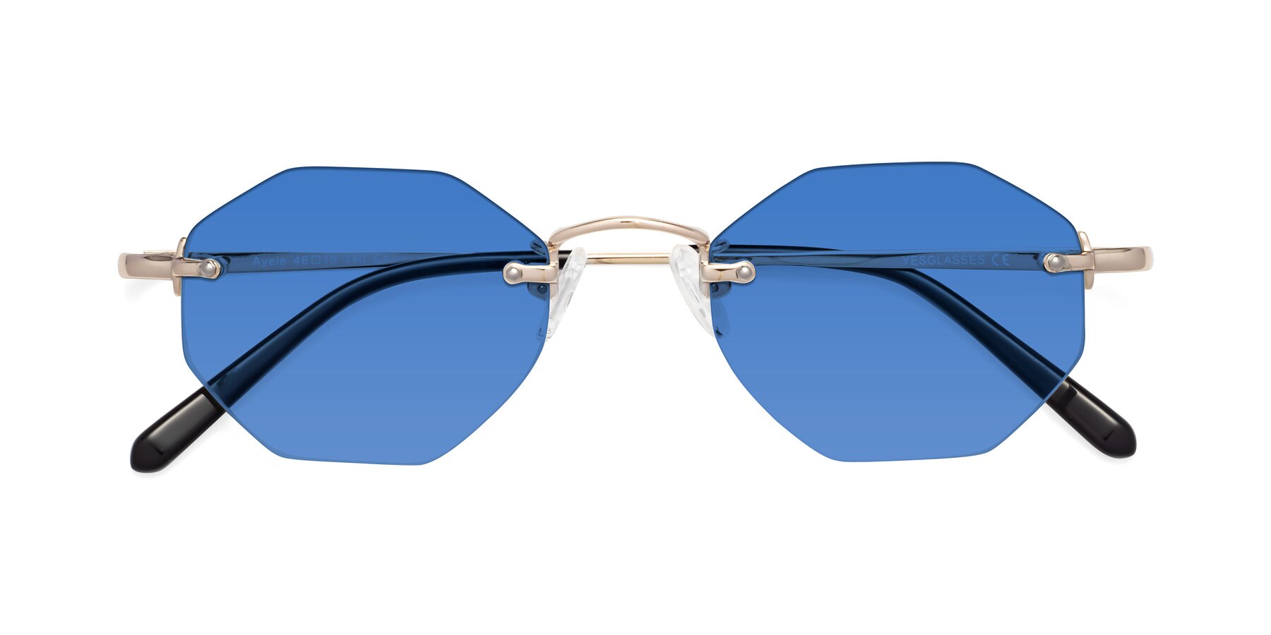 Folded Front of Ayele in Light Gold with Blue Tinted Lenses