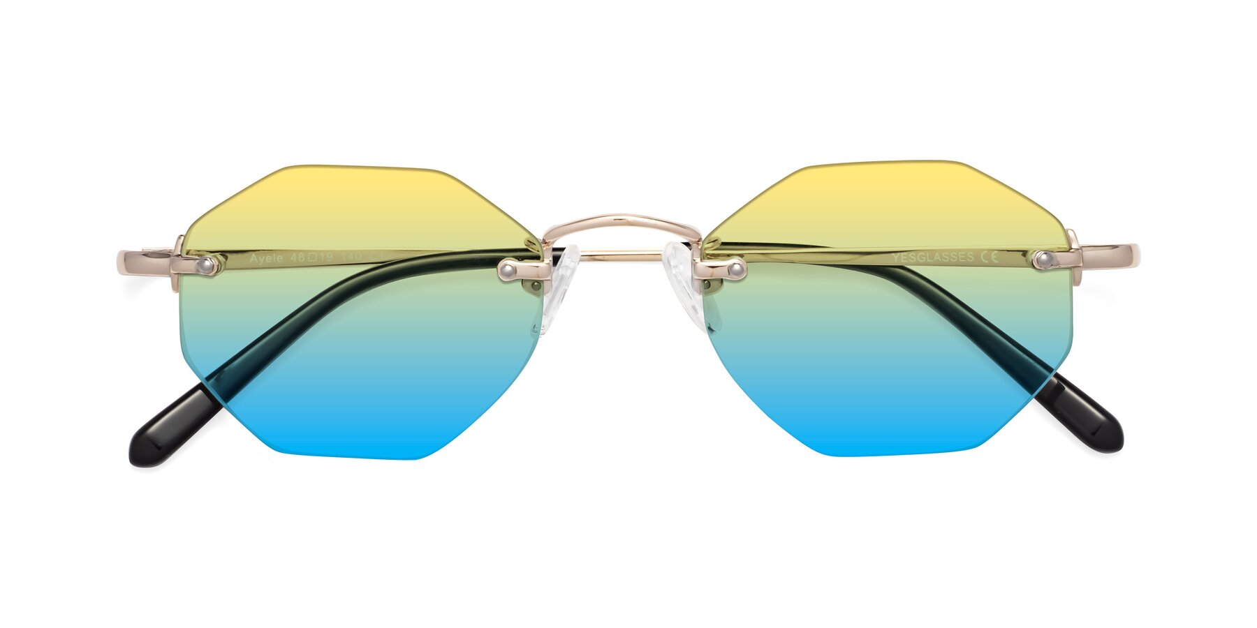 Folded Front of Ayele in Gold with Yellow / Blue Gradient Lenses