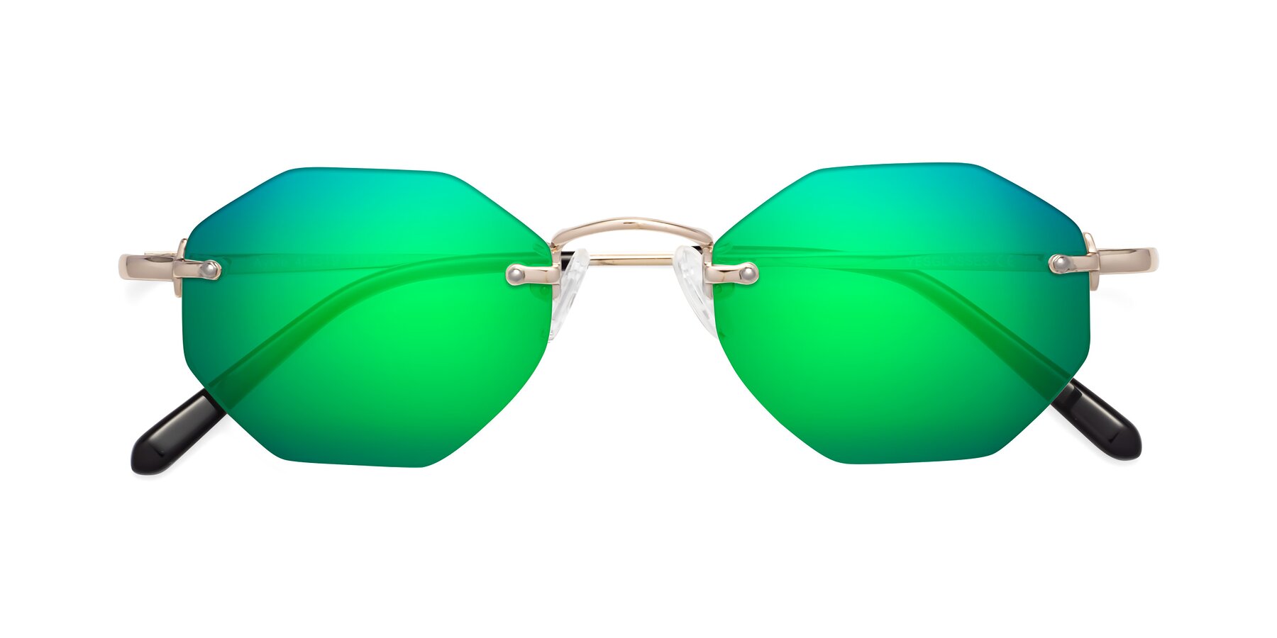 Folded Front of Ayele in Light Gold with Green Mirrored Lenses