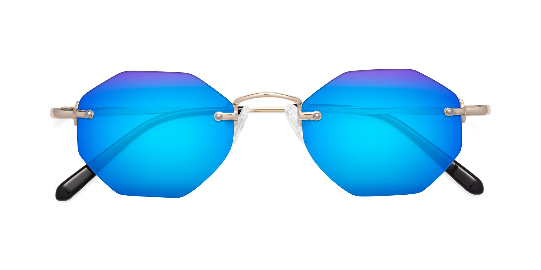Folded Front of Ayele in Light Gold with Blue Mirrored Lenses