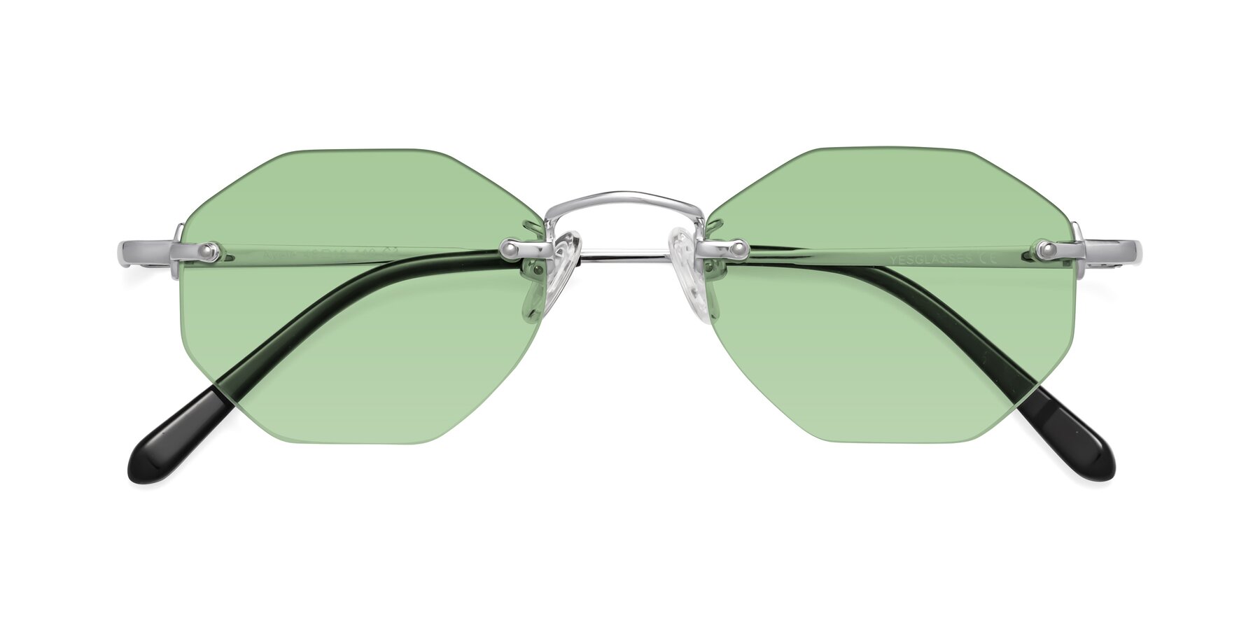 Folded Front of Ayele in Silver with Medium Green Tinted Lenses