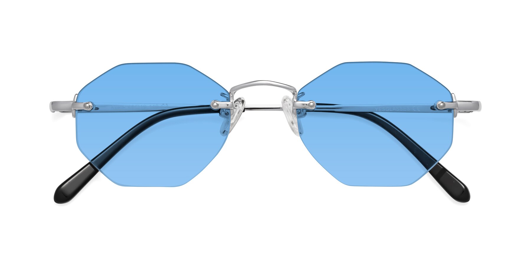 Folded Front of Ayele in Silver with Medium Blue Tinted Lenses