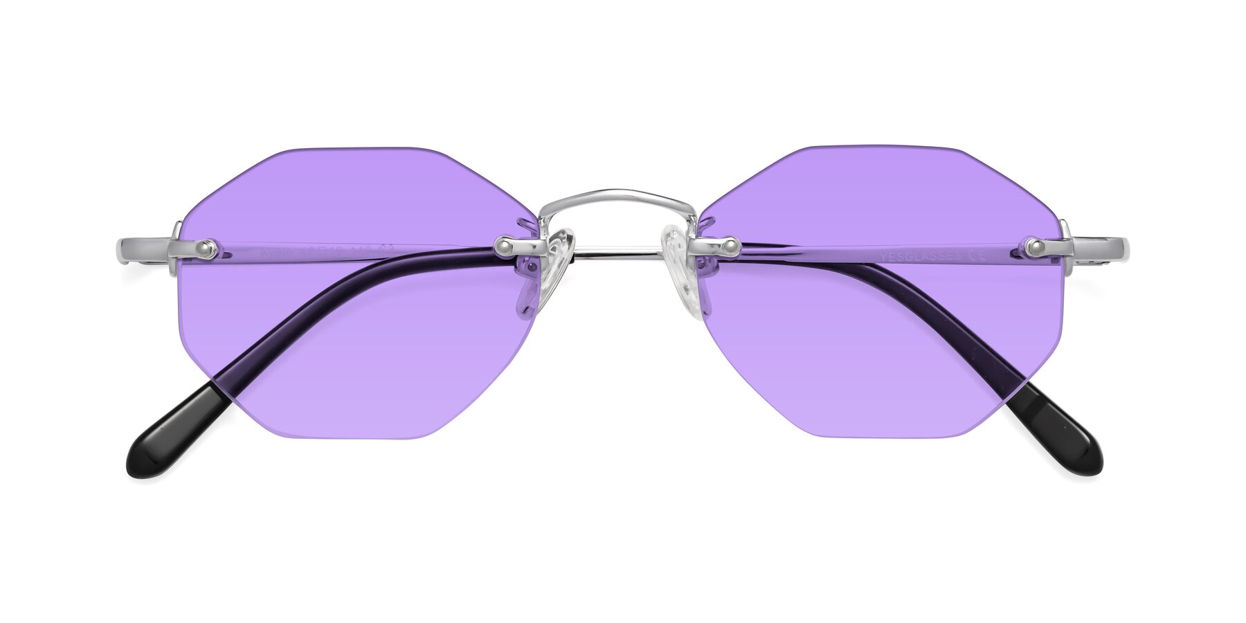 Folded Front of Ayele in Silver with Medium Purple Tinted Lenses