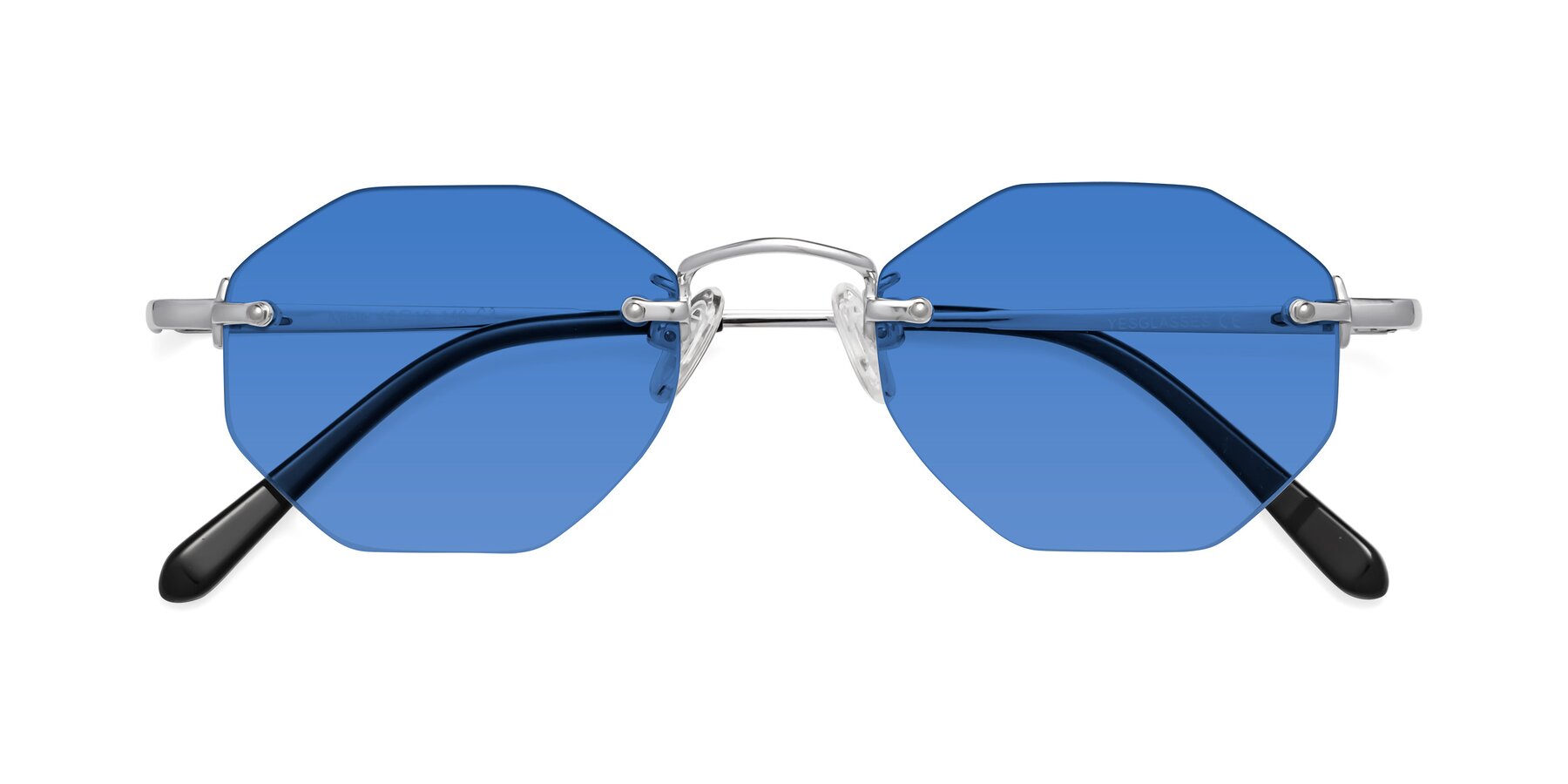 Folded Front of Ayele in Silver with Blue Tinted Lenses