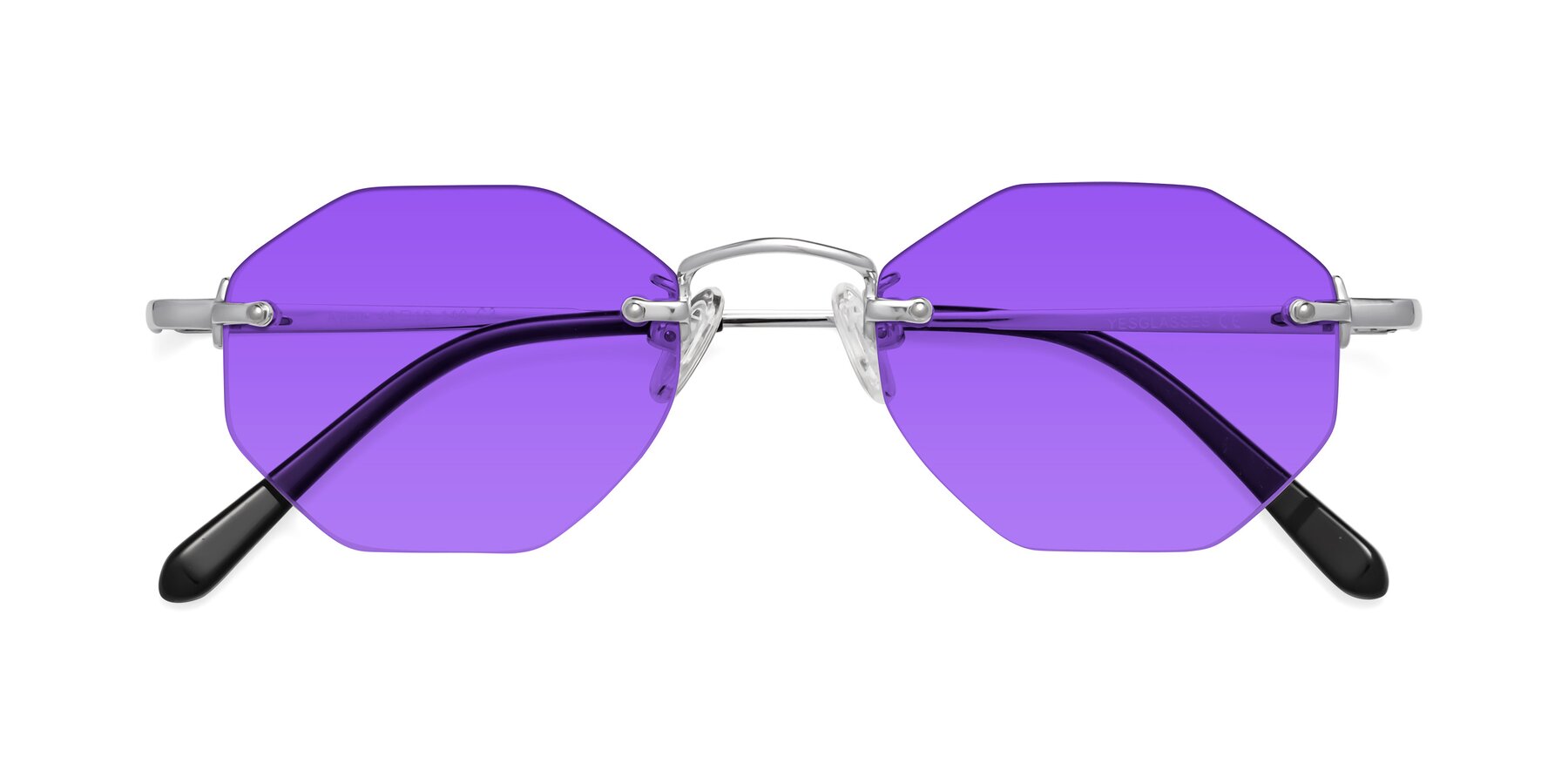 Folded Front of Ayele in Silver with Purple Tinted Lenses