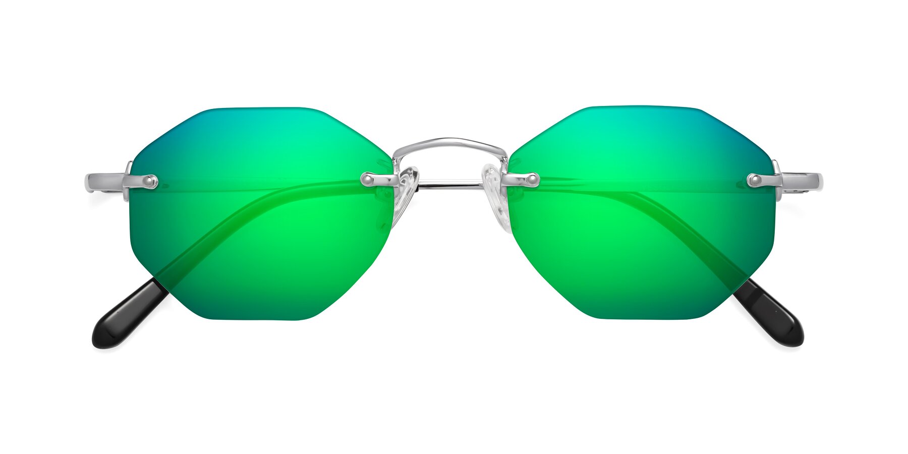 Folded Front of Ayele in Silver with Green Mirrored Lenses