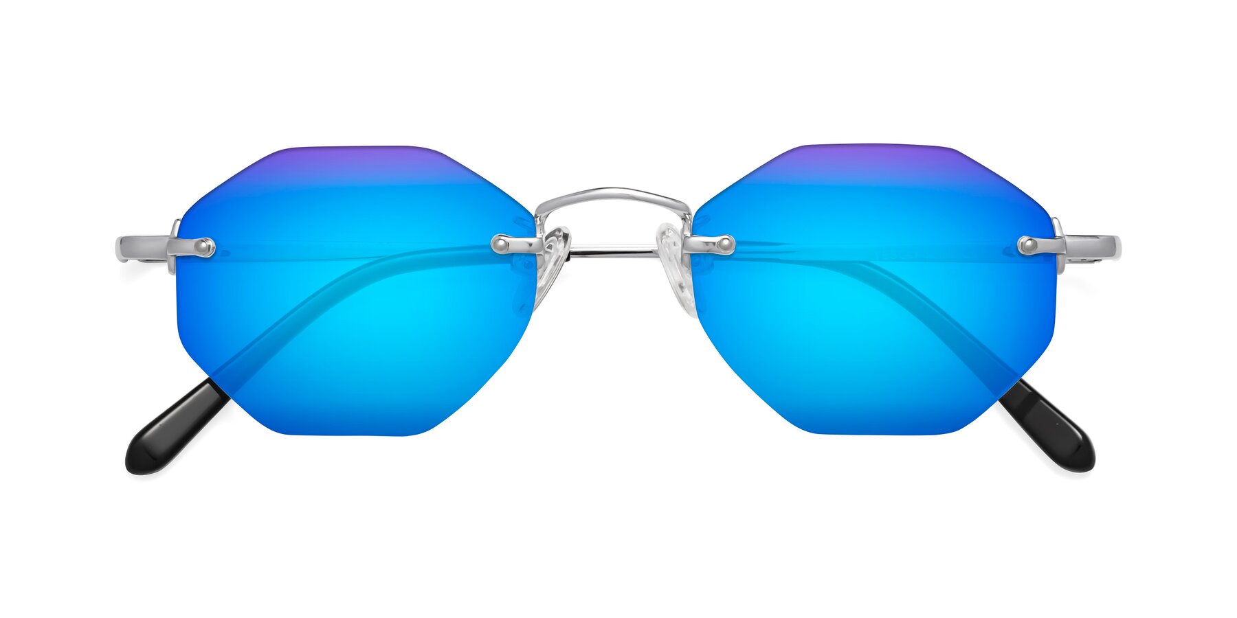 Folded Front of Ayele in Silver with Blue Mirrored Lenses