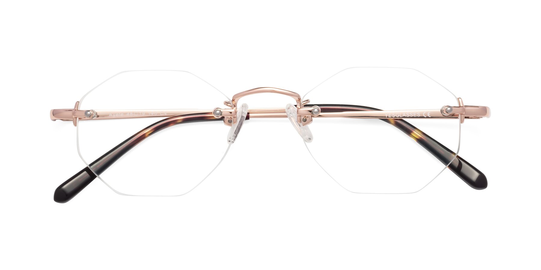 Folded Front of Ayele in Rose Gold with Clear Eyeglass Lenses