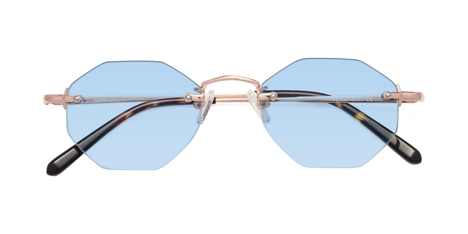 Folded Front of Ayele in Rose Gold with Light Blue Tinted Lenses
