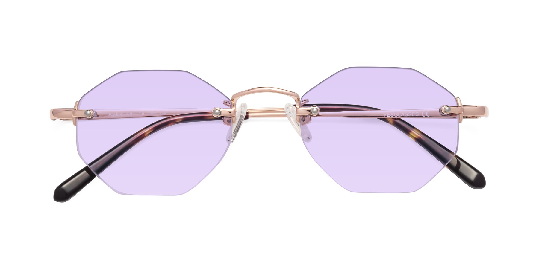 Folded Front of Ayele in Rose Gold with Light Purple Tinted Lenses