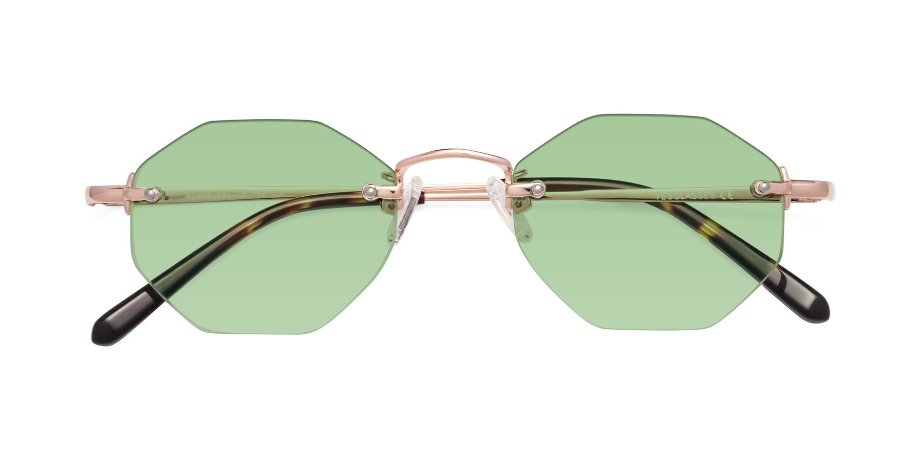 Folded Front of Ayele in Rose Gold with Medium Green Tinted Lenses
