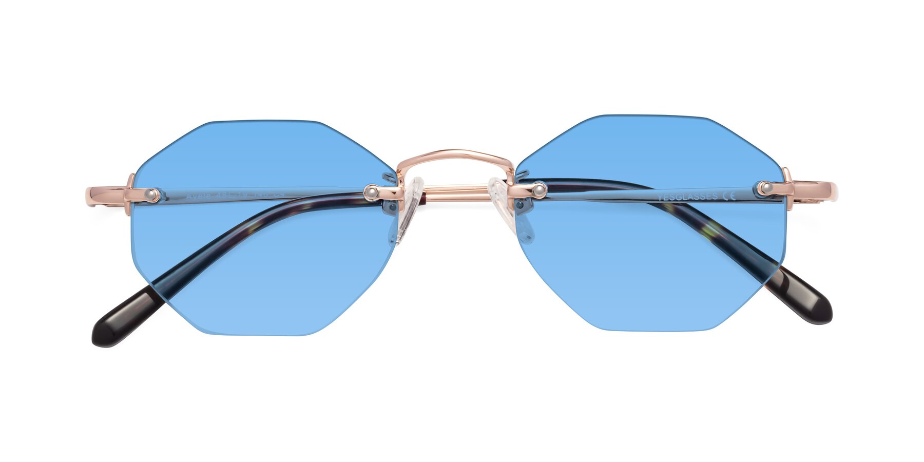 Folded Front of Ayele in Rose Gold with Medium Blue Tinted Lenses
