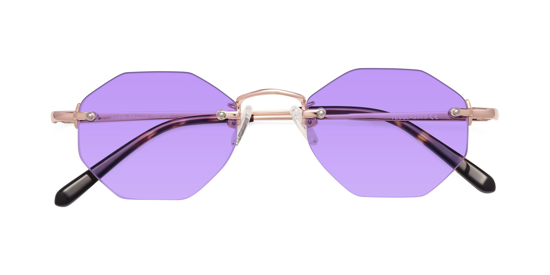 Folded Front of Ayele in Rose Gold with Medium Purple Tinted Lenses