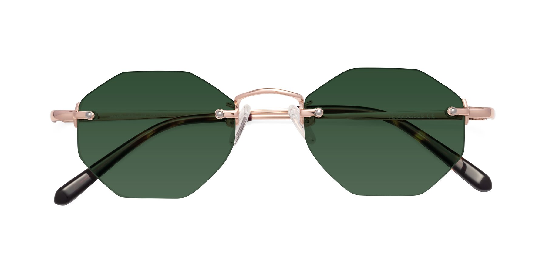Folded Front of Ayele in Rose Gold with Green Tinted Lenses