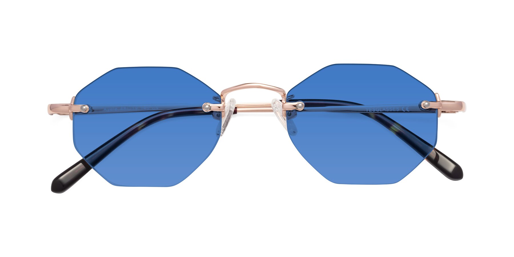 Folded Front of Ayele in Rose Gold with Blue Tinted Lenses