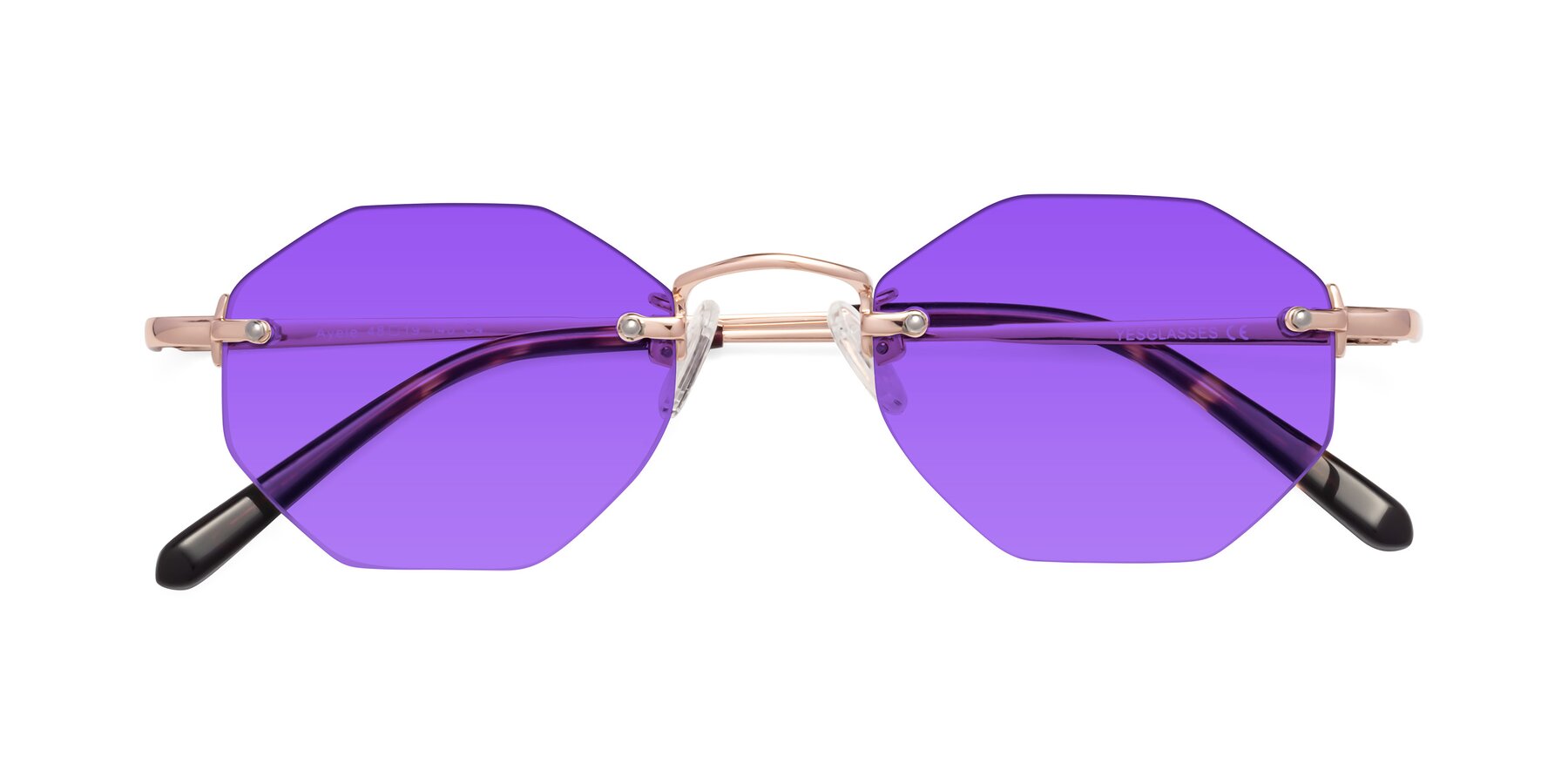 Folded Front of Ayele in Rose Gold with Purple Tinted Lenses