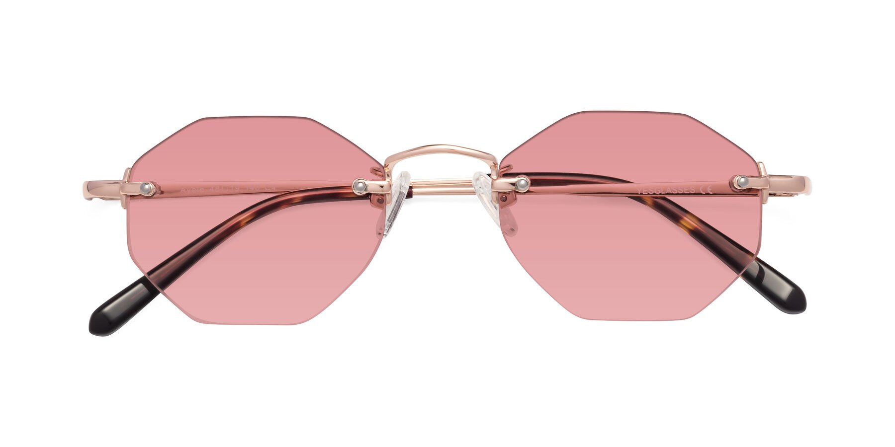 Folded Front of Ayele in Rose Gold with Medium Garnet Tinted Lenses