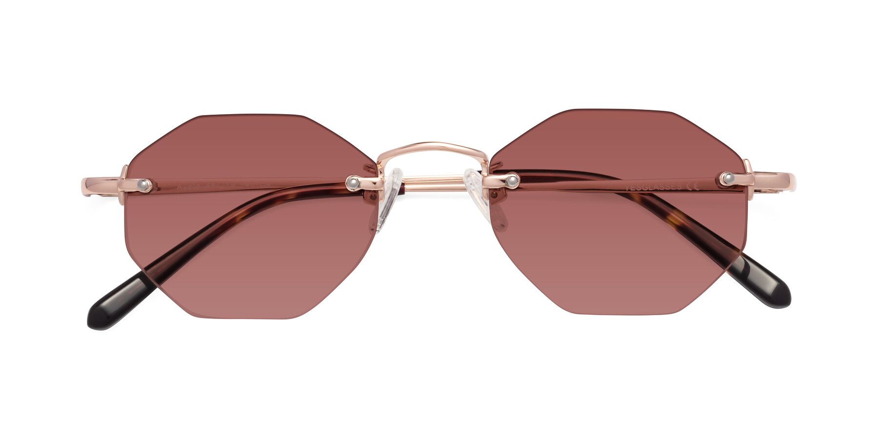 Folded Front of Ayele in Rose Gold with Garnet Tinted Lenses