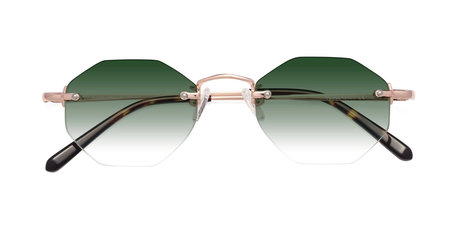 Folded Front of Ayele in Rose Gold with Green Gradient Lenses