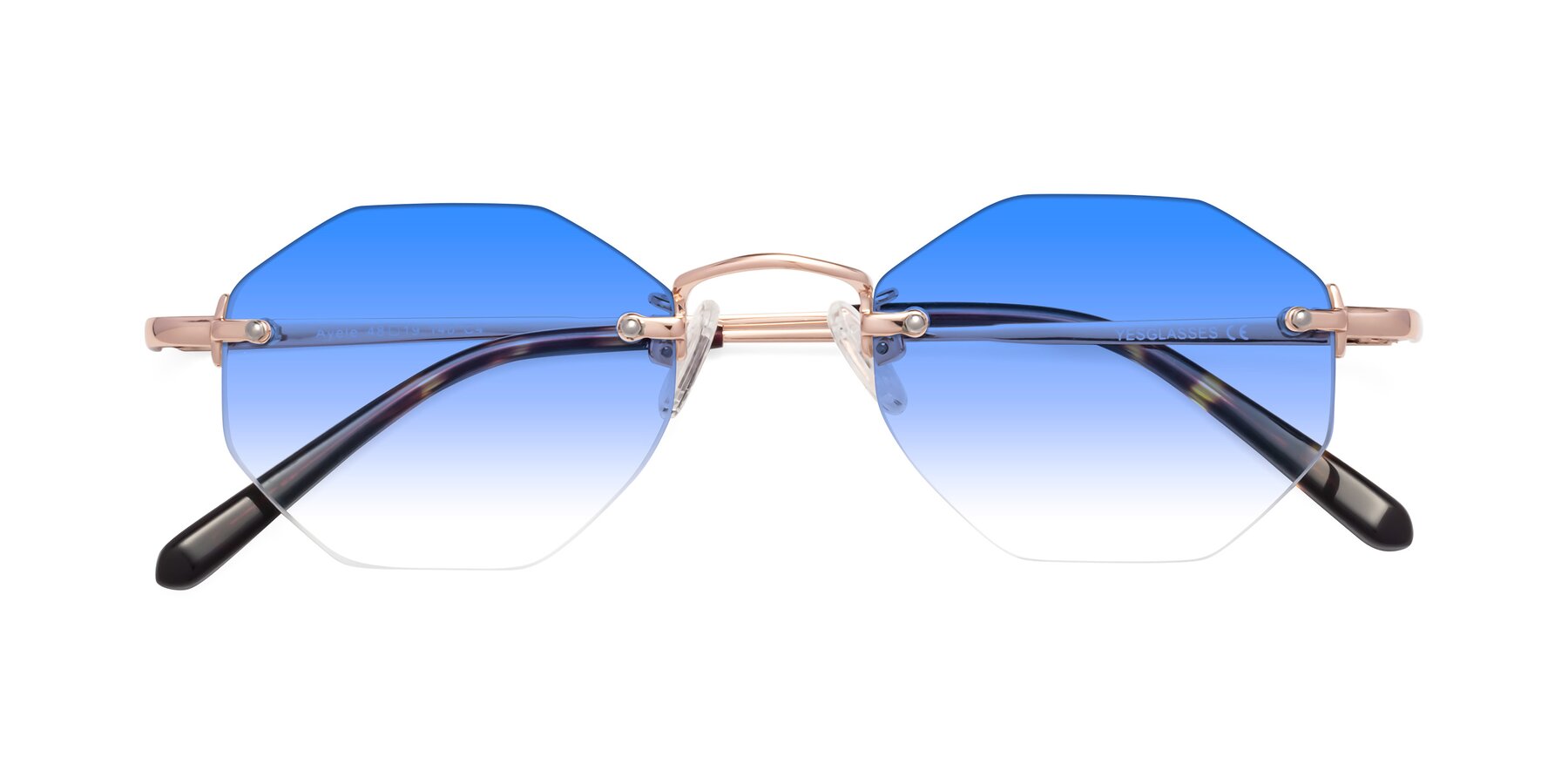 Folded Front of Ayele in Rose Gold with Blue Gradient Lenses