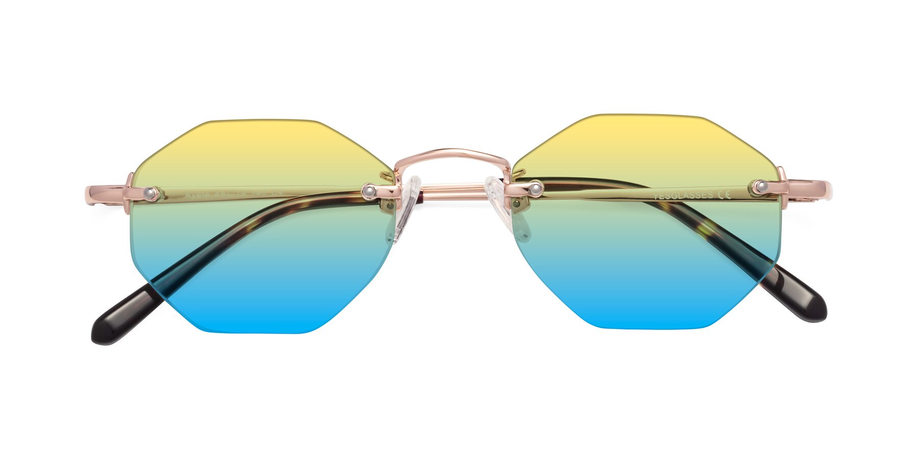 Folded Front of Ayele in Rose Gold with Yellow / Blue Gradient Lenses