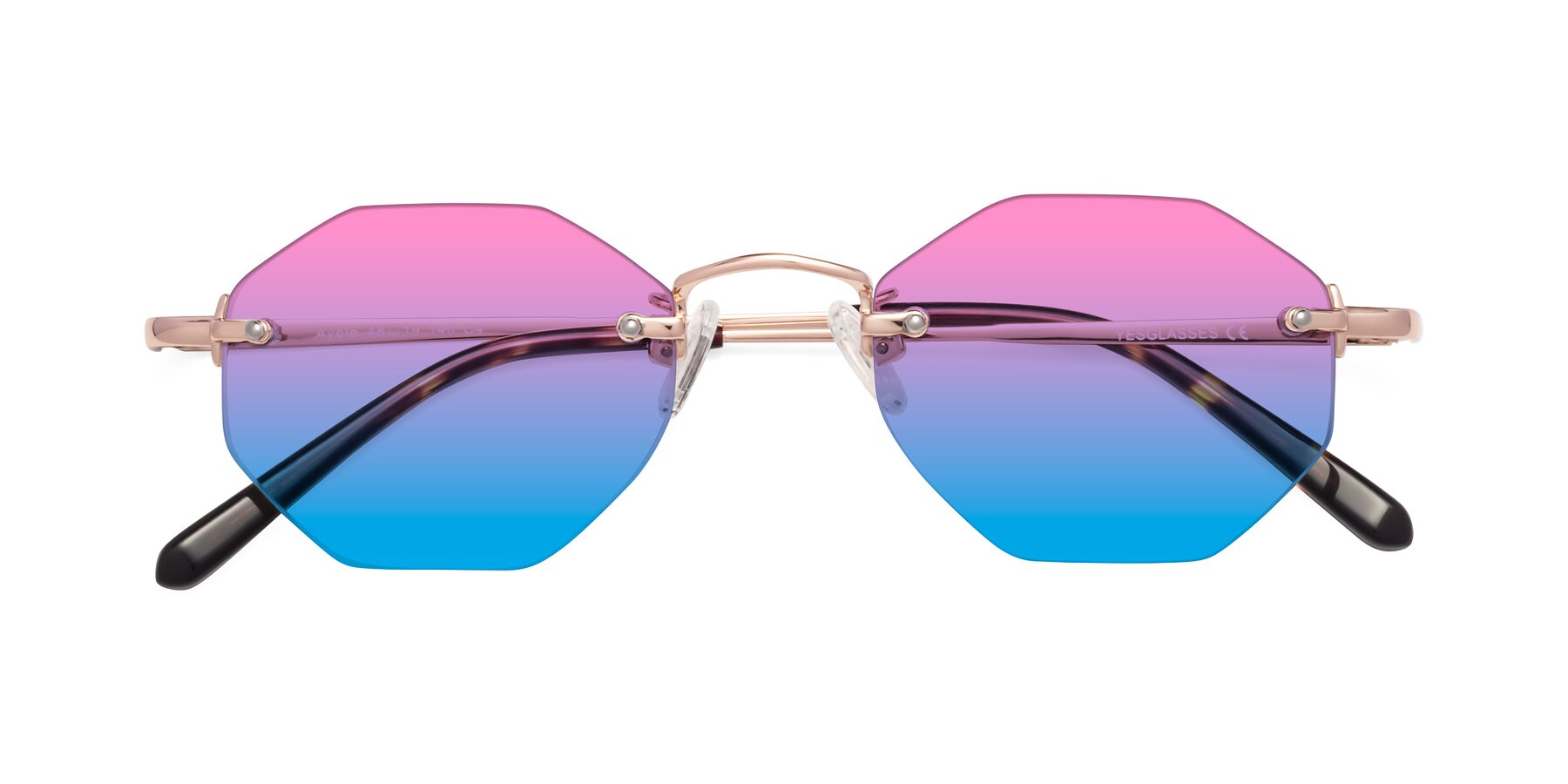 Folded Front of Ayele in Rose Gold with Pink / Blue Gradient Lenses