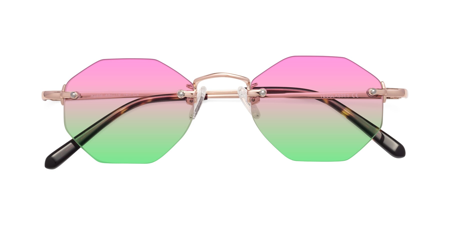 Folded Front of Ayele in Rose Gold with Pink / Green Gradient Lenses