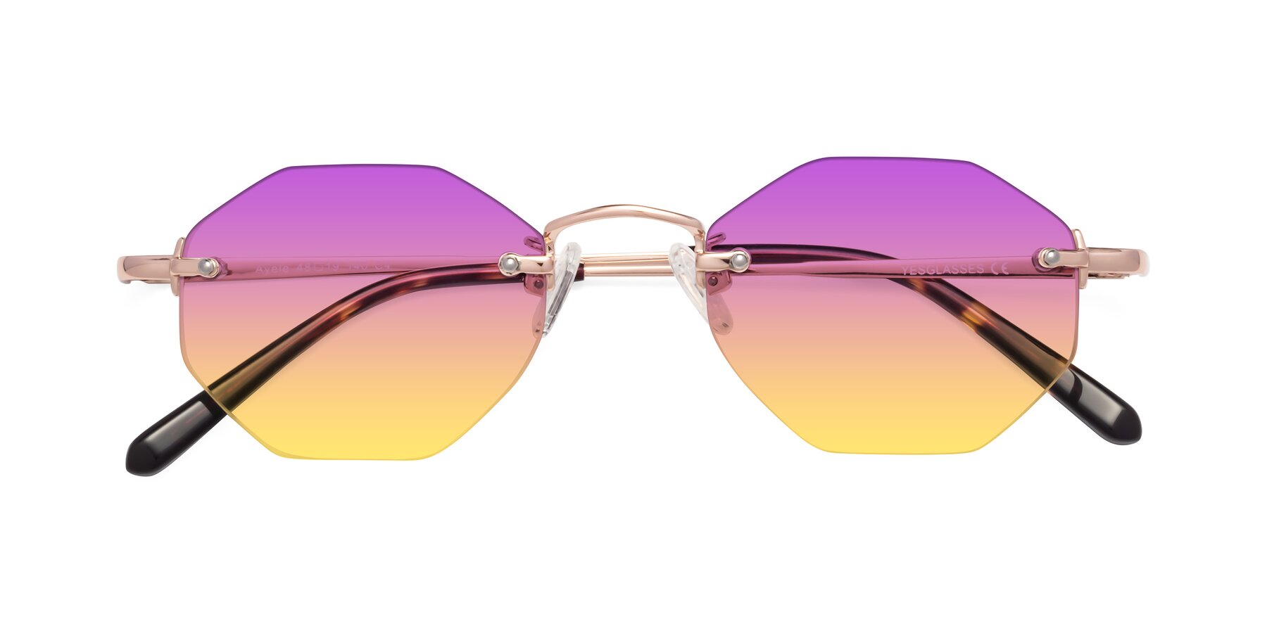 Folded Front of Ayele in Rose Gold with Purple / Yellow Gradient Lenses