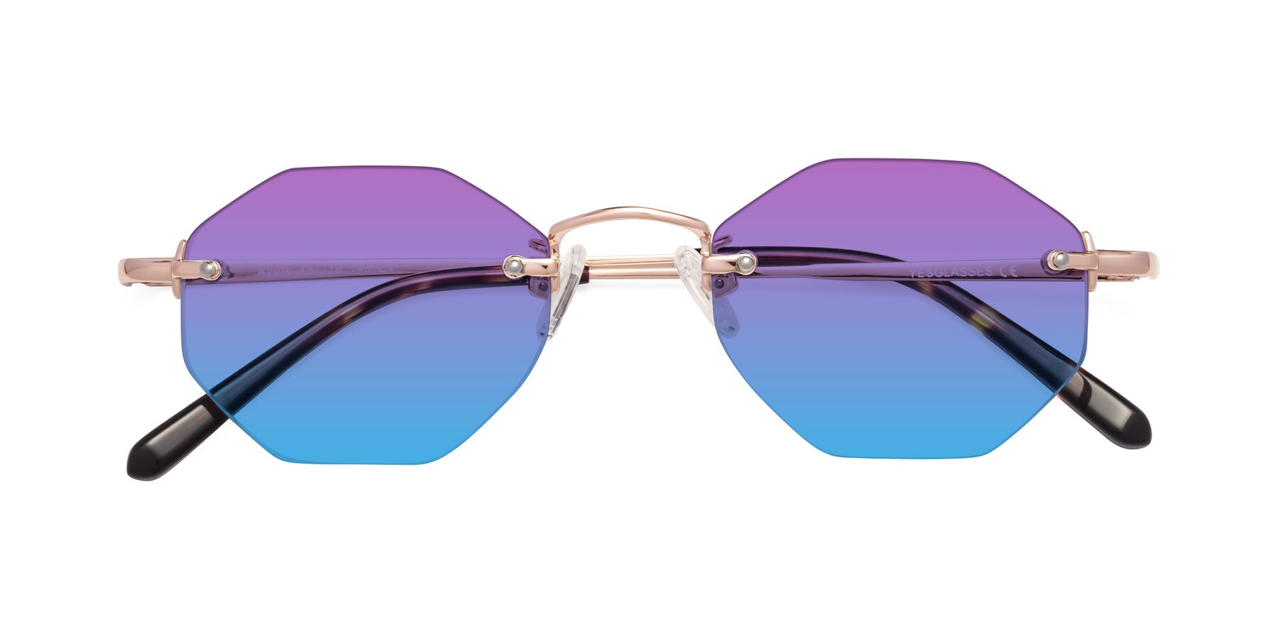 Folded Front of Ayele in Rose Gold with Purple / Blue Gradient Lenses