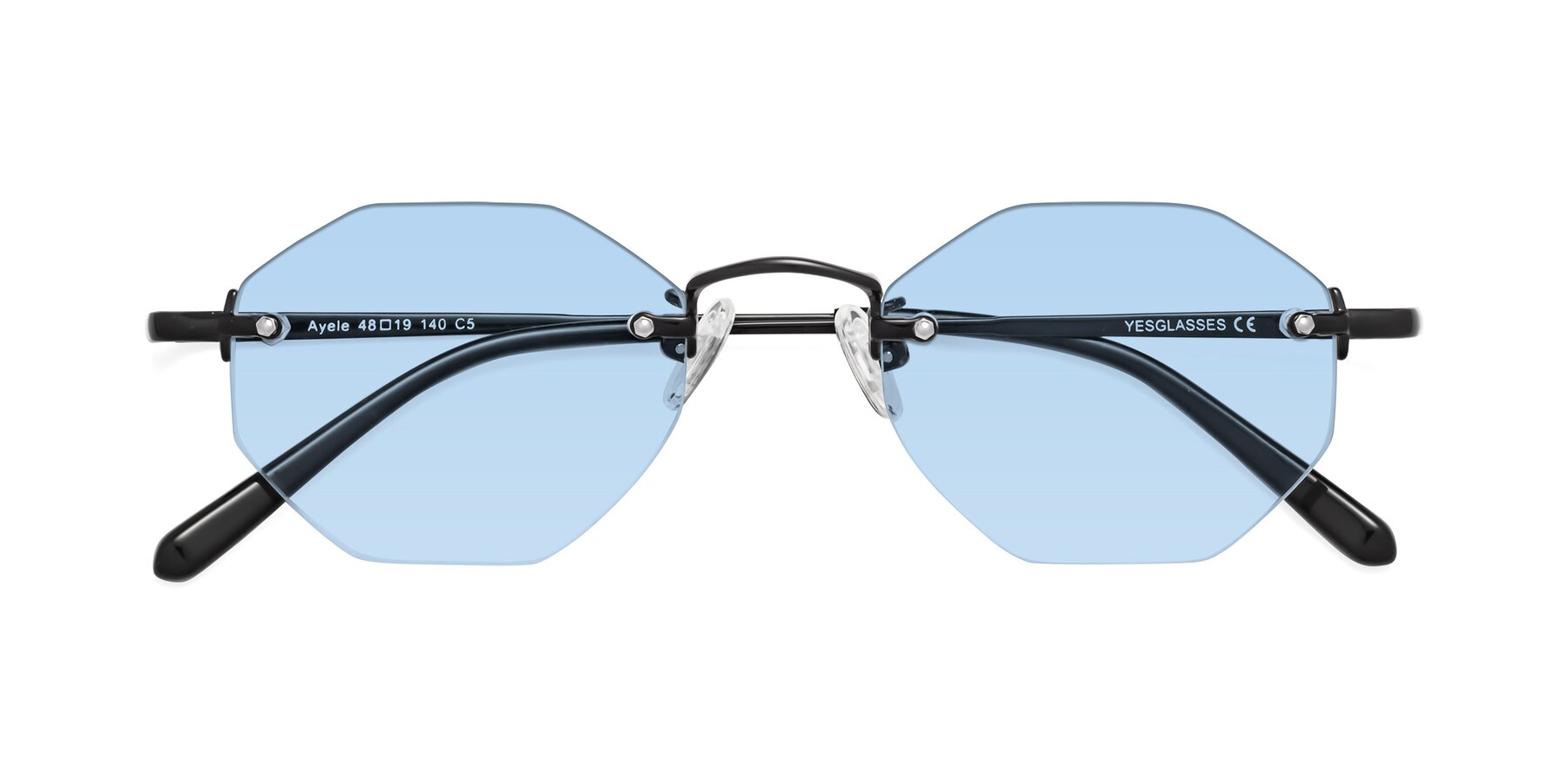 Folded Front of Ayele in Black with Light Blue Tinted Lenses