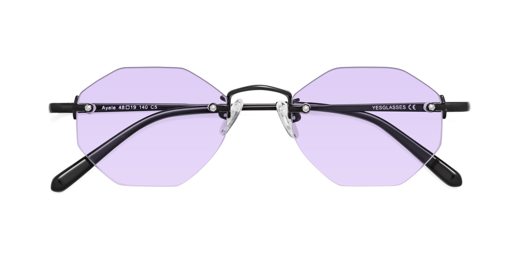 Folded Front of Ayele in Black with Light Purple Tinted Lenses