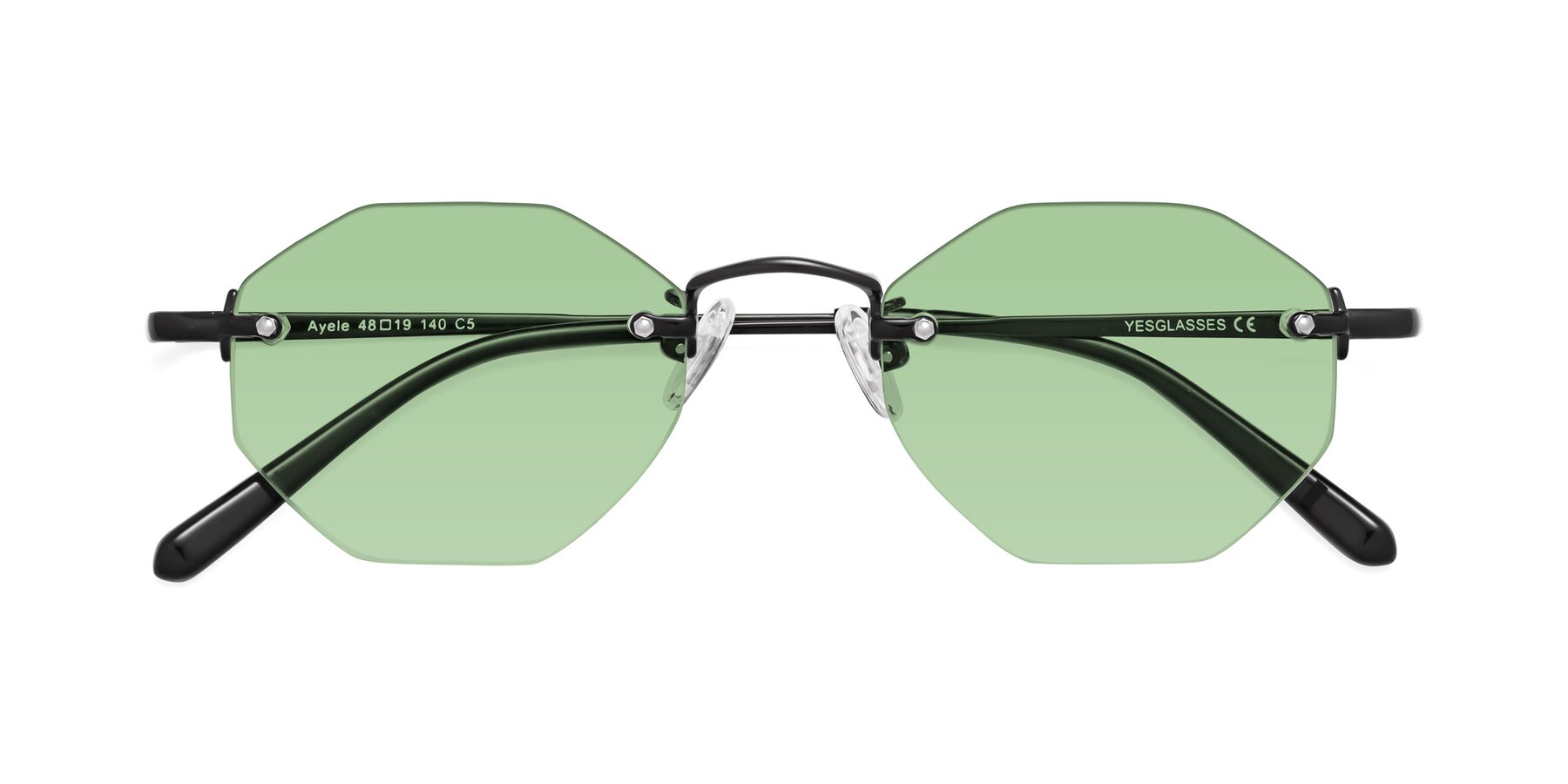 Folded Front of Ayele in Black with Medium Green Tinted Lenses