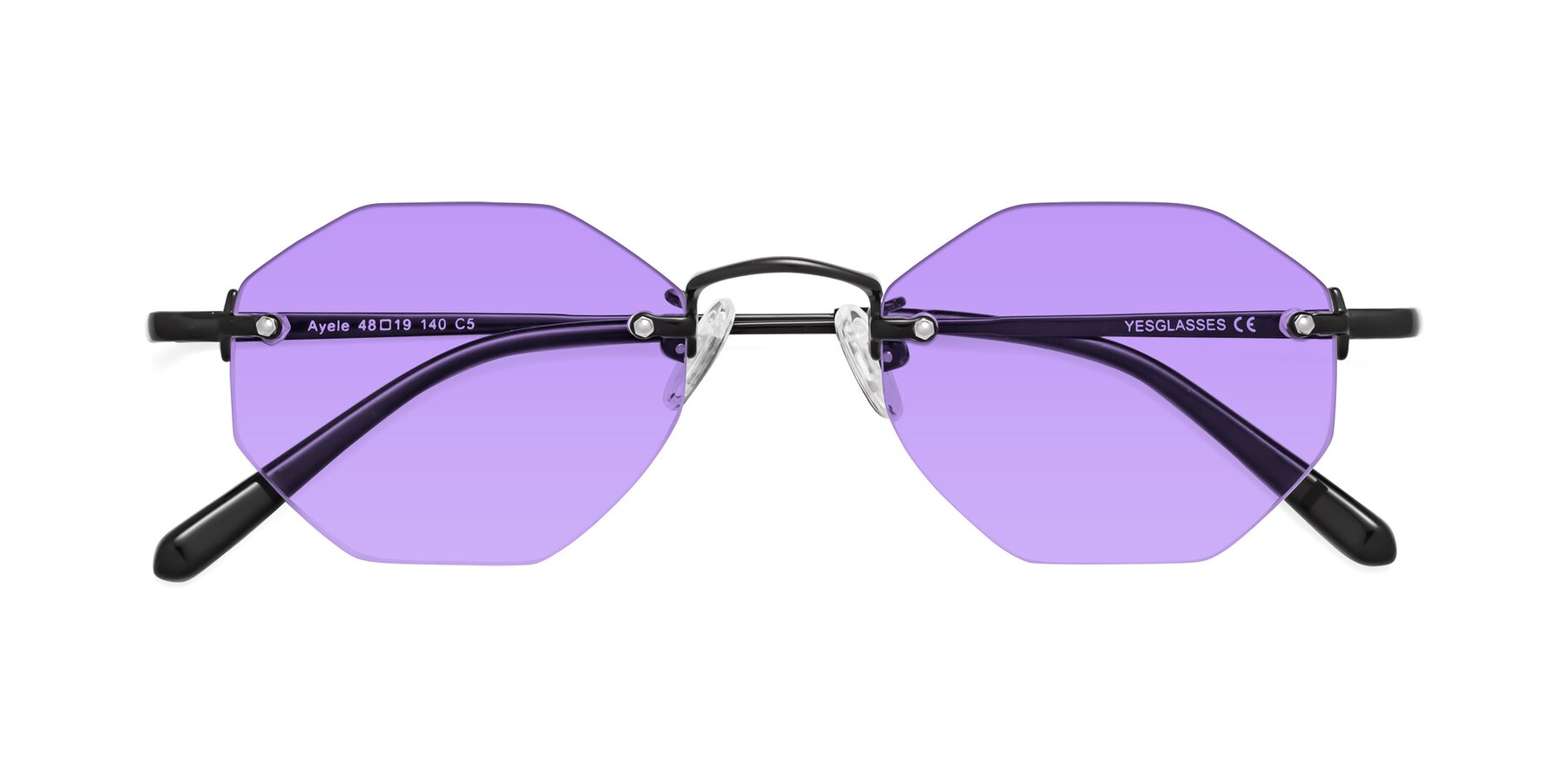 Folded Front of Ayele in Black with Medium Purple Tinted Lenses
