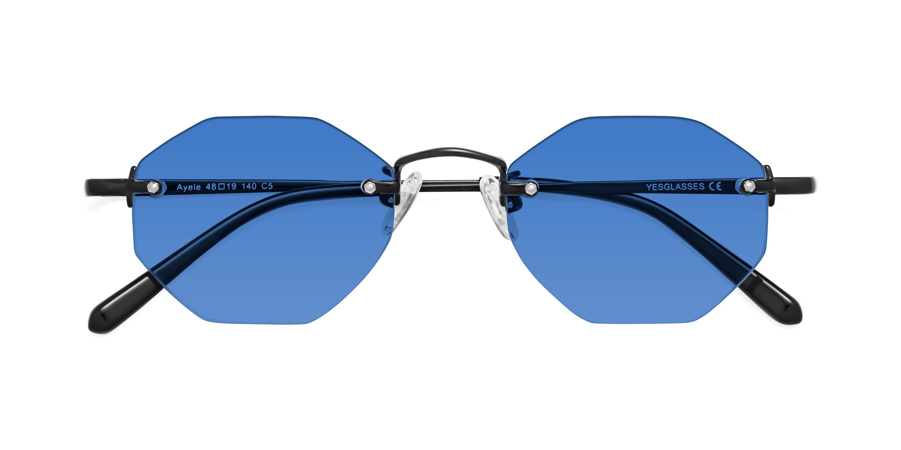 Folded Front of Ayele in Black with Blue Tinted Lenses