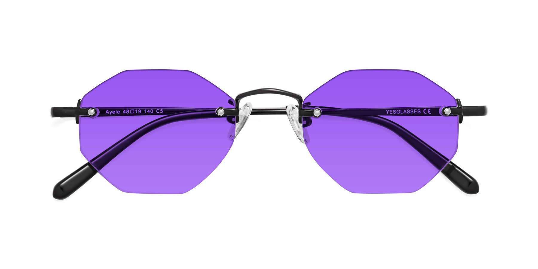 Folded Front of Ayele in Black with Purple Tinted Lenses