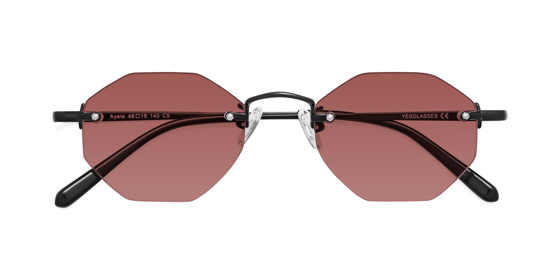 Folded Front of Ayele in Black with Garnet Tinted Lenses