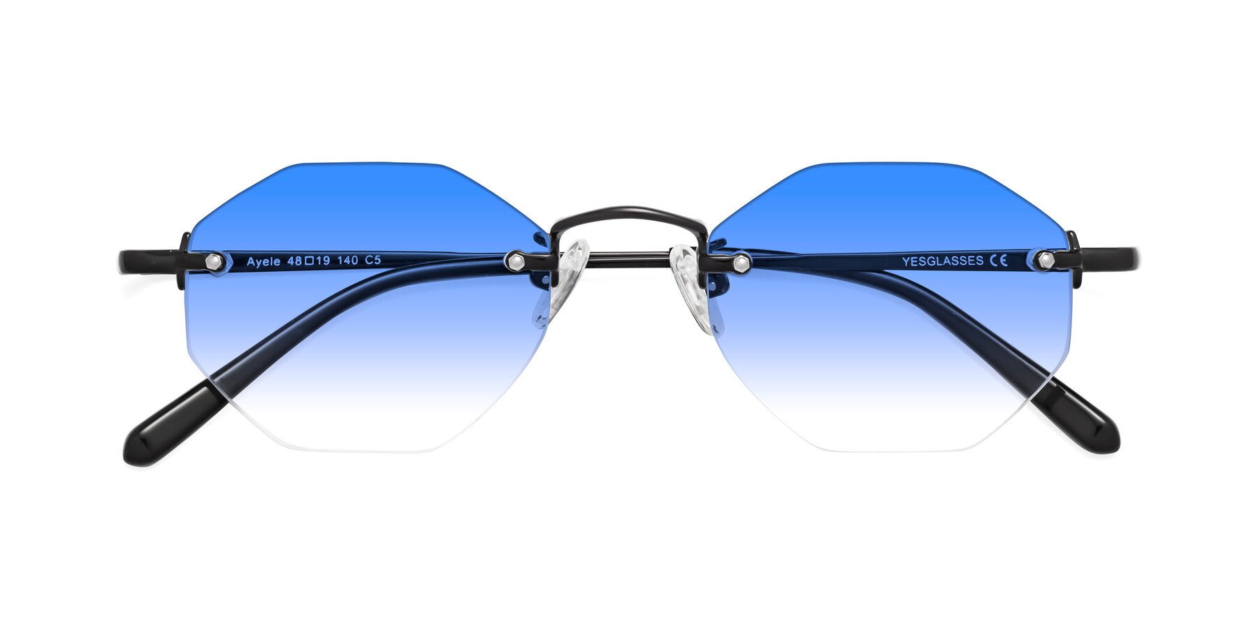 Folded Front of Ayele in Black with Blue Gradient Lenses