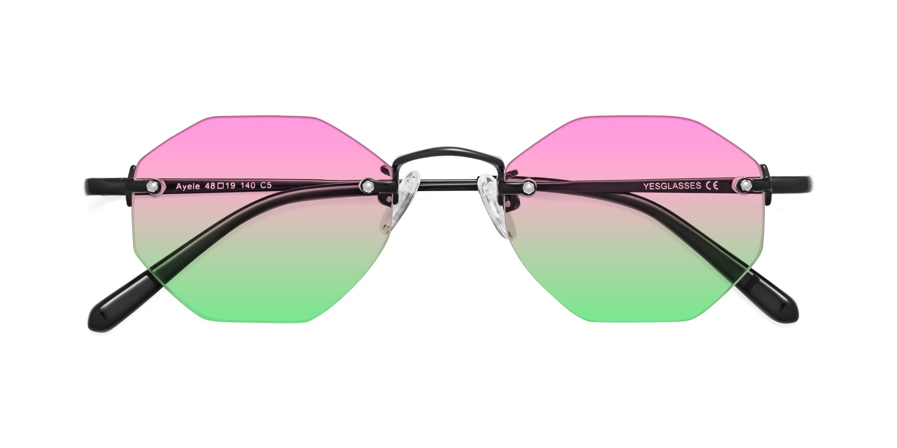 Folded Front of Ayele in Black with Pink / Green Gradient Lenses