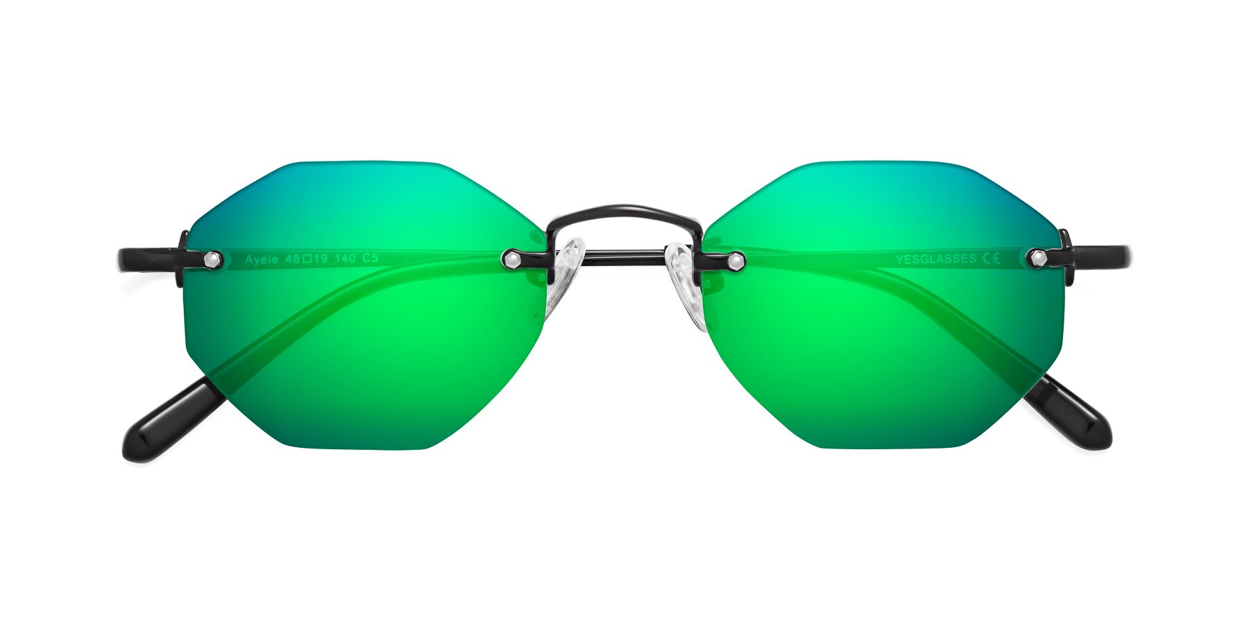 Folded Front of Ayele in Black with Green Mirrored Lenses