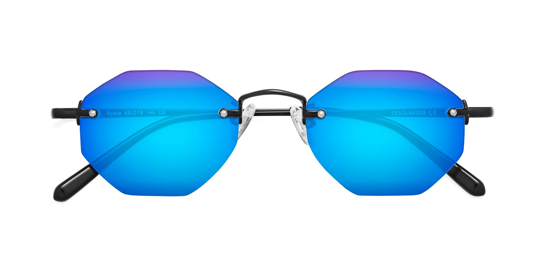 Folded Front of Ayele in Black with Blue Mirrored Lenses