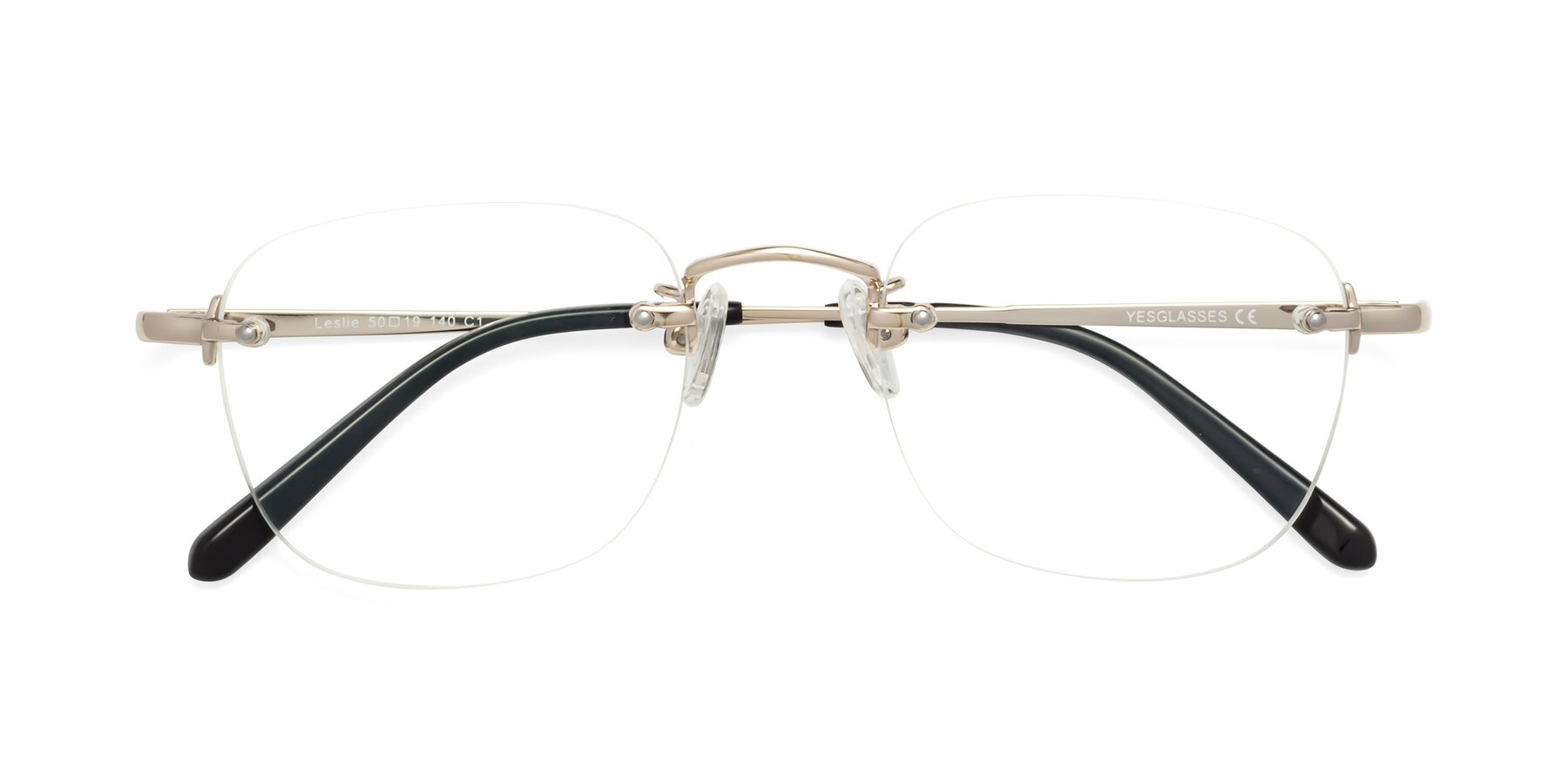 Folded Front of Leslie in Gold with Clear Eyeglass Lenses
